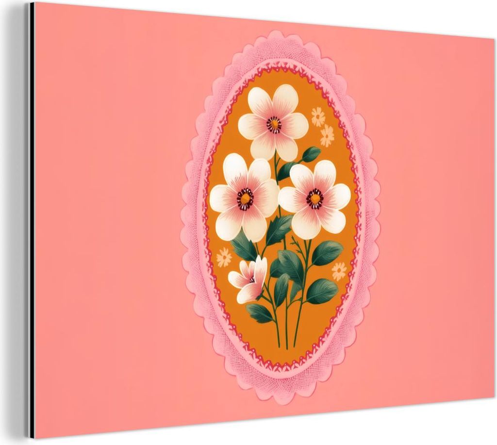 MuchoWow Wanddekoration Metall Metallbild Wandkunst 30x20 cm Illustration - Blumen - Bordüre - Rosa MuchoWow Aluminium Gemälde - Aluminiumgemälder