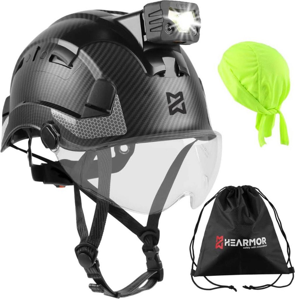 HEARMOR Bauhelm mit LED-Kopflampe, ABS Schutzhelm, EN12492, EN397, Stoßdämpfung, Eindringfestigkeit