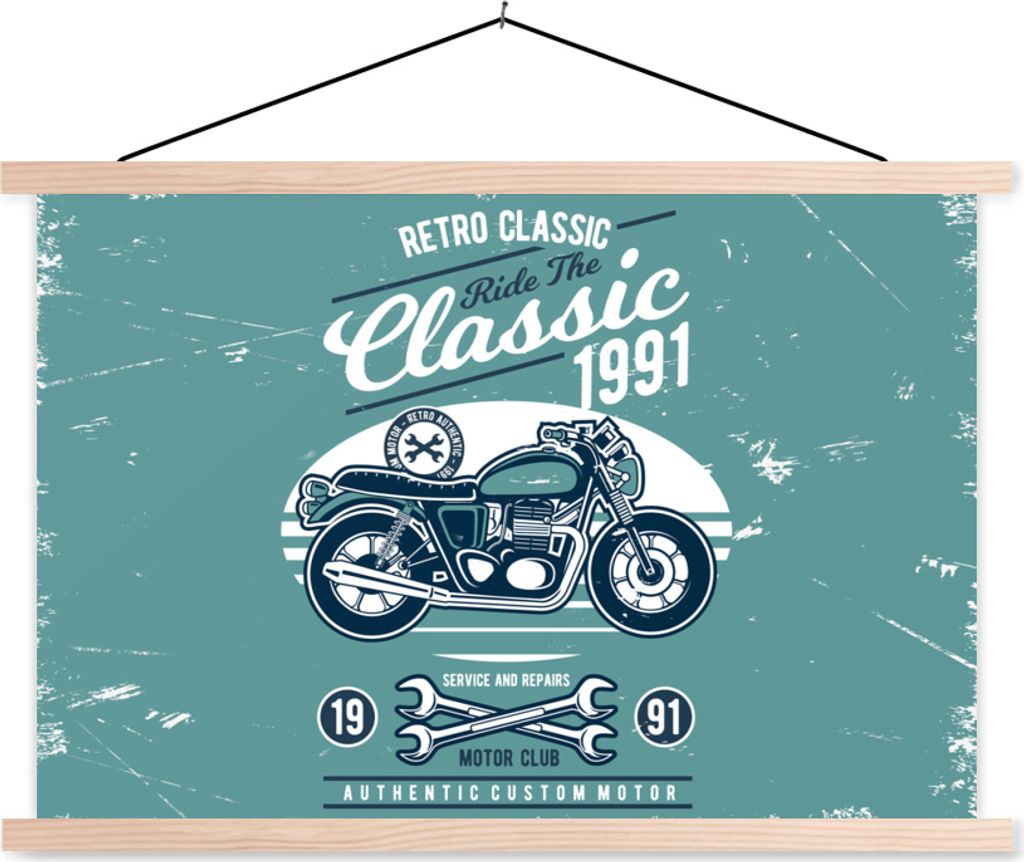 MuchoWow Textilposter Motorrad - Werkzeuge - Retro 120x80 cm mit holzfarbenen Rahmen - Aufhängeset