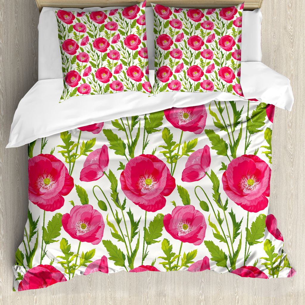 ABAKUHAUS Mohn Bettbezug, Blätter und Blütenblätter Romantik, Milbensicher Allergiker geeignet mit Kissenbezügen, 155 cm x 220 cm - 80 x 80 cm,...