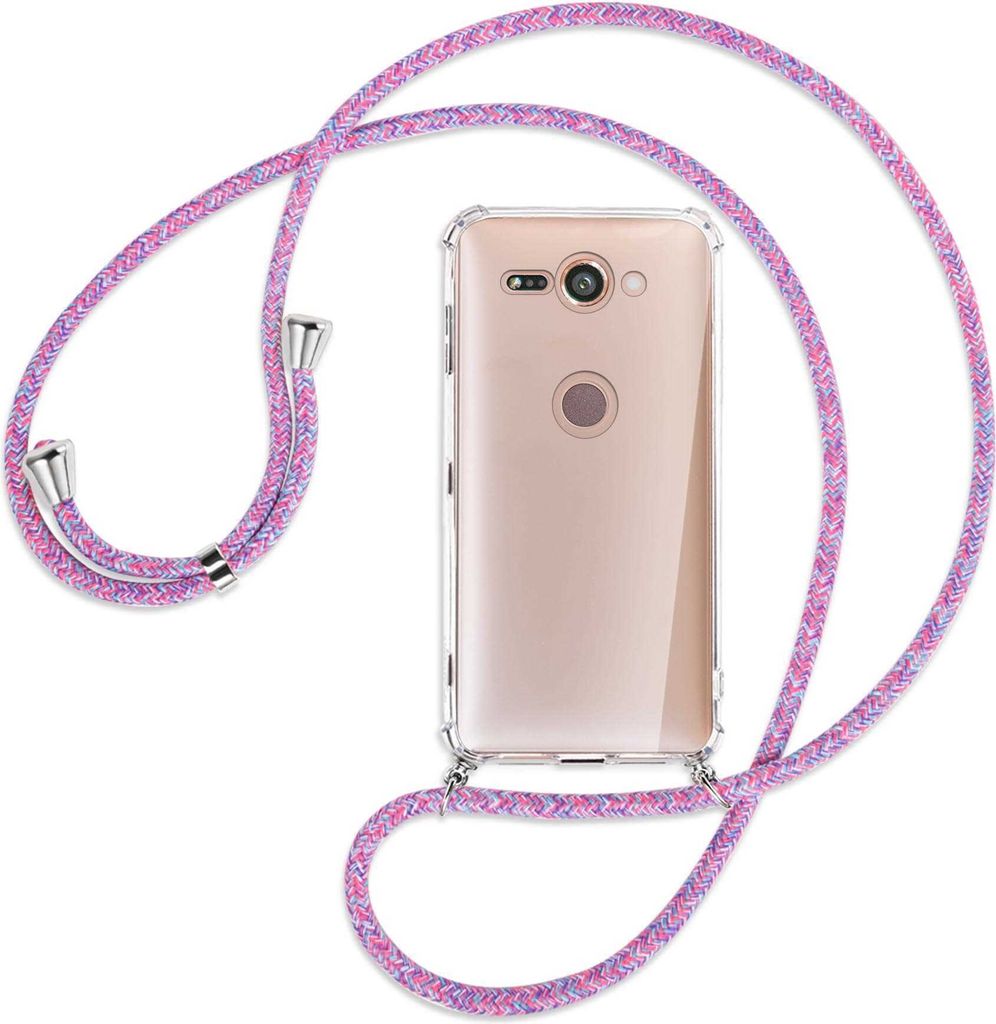 Handykette Backcover-Schutzhülle mit Band (Metall silberfarben) für Sony Xperia XZ2 Compact - lila/rosa/blau
