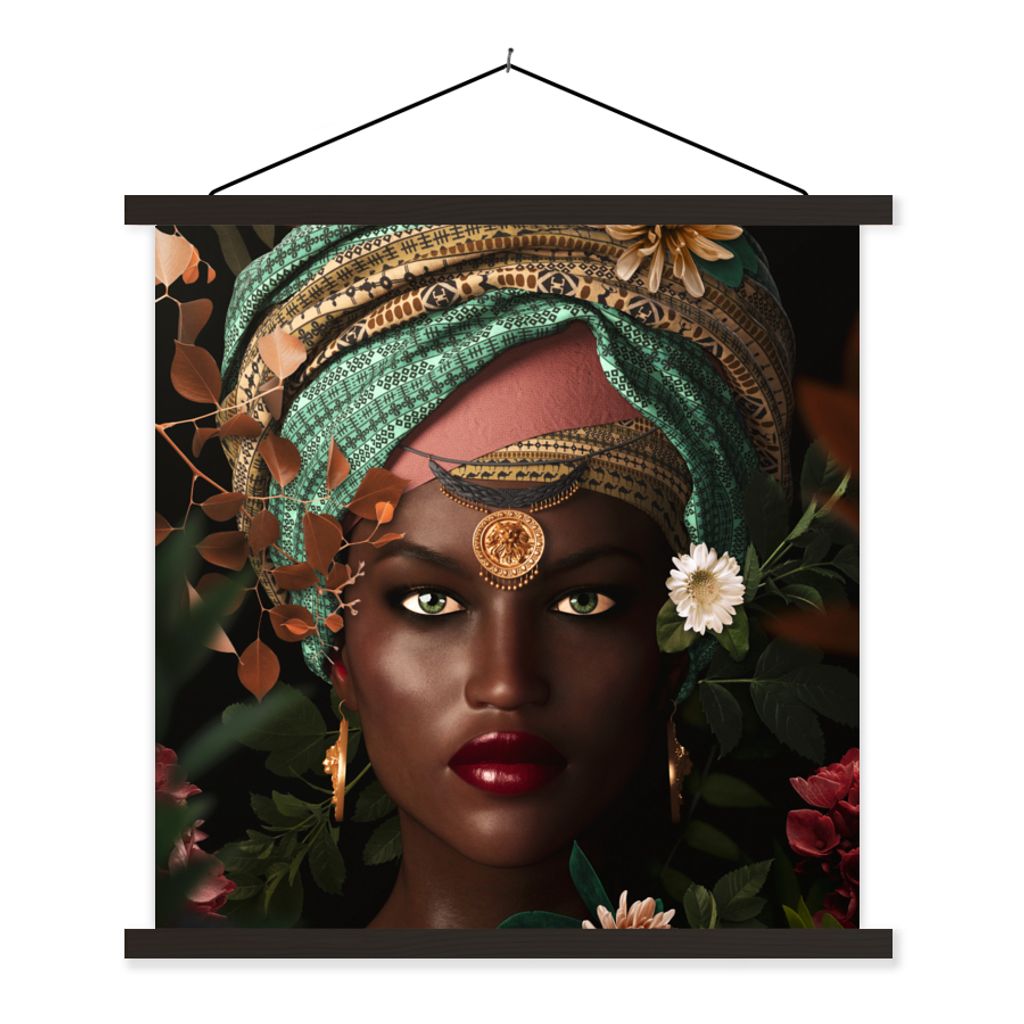 MuchoWow Textilposter Frau - Blumen - Schmetterlinge - Pflanzen - Schmuck - Luxus 120x120 cm mit schwarzem Rahmen - Aufhängungsset