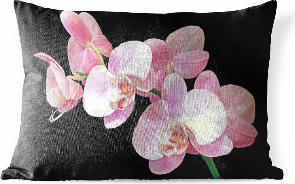 MuchoWow Outdoor Kissen - Eine Nahaufnahme von rosa Orchideen auf einem schwarzen Hintergrund - 60x40 cm - Wetterfest - Lounge Kissen - Zierkisse...