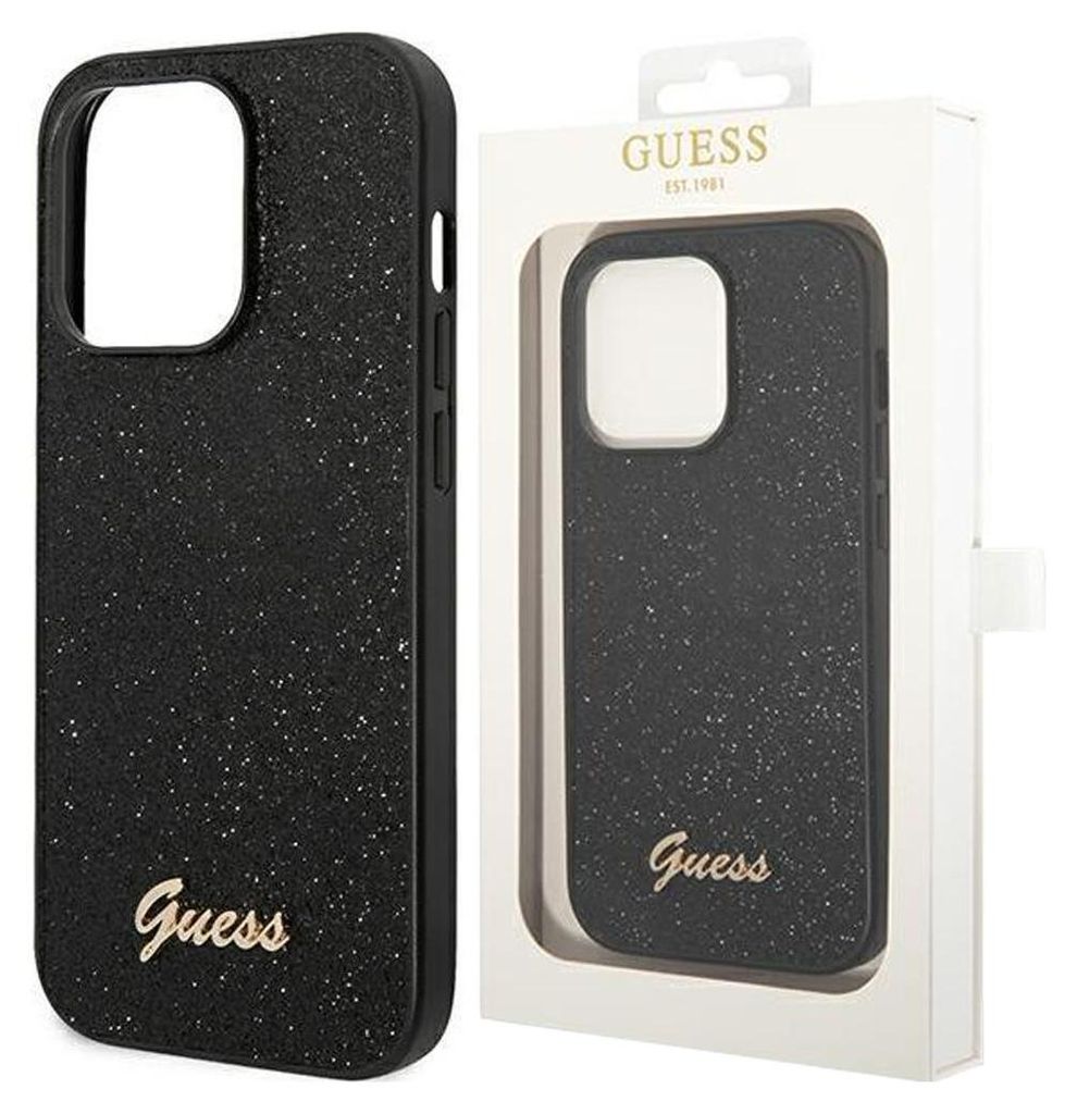 A black glitter script phone case is shown next to its packaging.