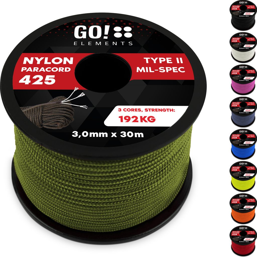 GO!elements 30m Paracord Seil aus reißfestem Nylon - 3mm Paracord 425 Typ II max. 192kg - Schnüre als Outdoor Seil, Allzweckseil, Survival Seil, ...