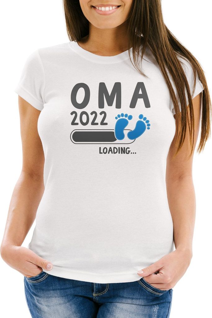 Damen T-Shirt Mama Oma Tante Patentente 2022 loading Geschenk für werdende Oma Schwangerschaft Geburt Baby Slim Fit Moonworks weiß-blau XS