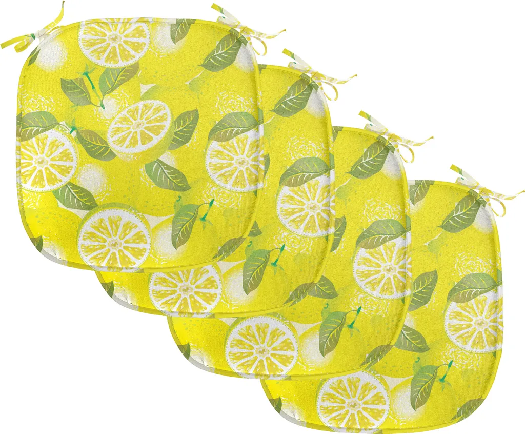 ABAKUHAUS Cuscini primaverili per sedie da sala da pranzo, Limoni freschi con foglie, Cuscini decorativi impermeabili con cinturini per sedie da cucina, 40 cm x 40 cm - Confezione da 4, Verde felce Giallo