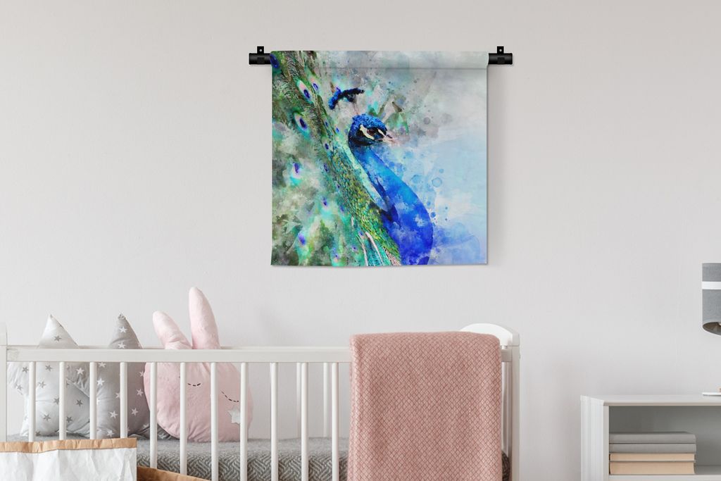 MuchoWow Wandteppich Wandbehang Aquarell - Pfau - Blau 60x60 cm Tapisserie Dekoration Wandtuch - Dekorationen - Wand Decke