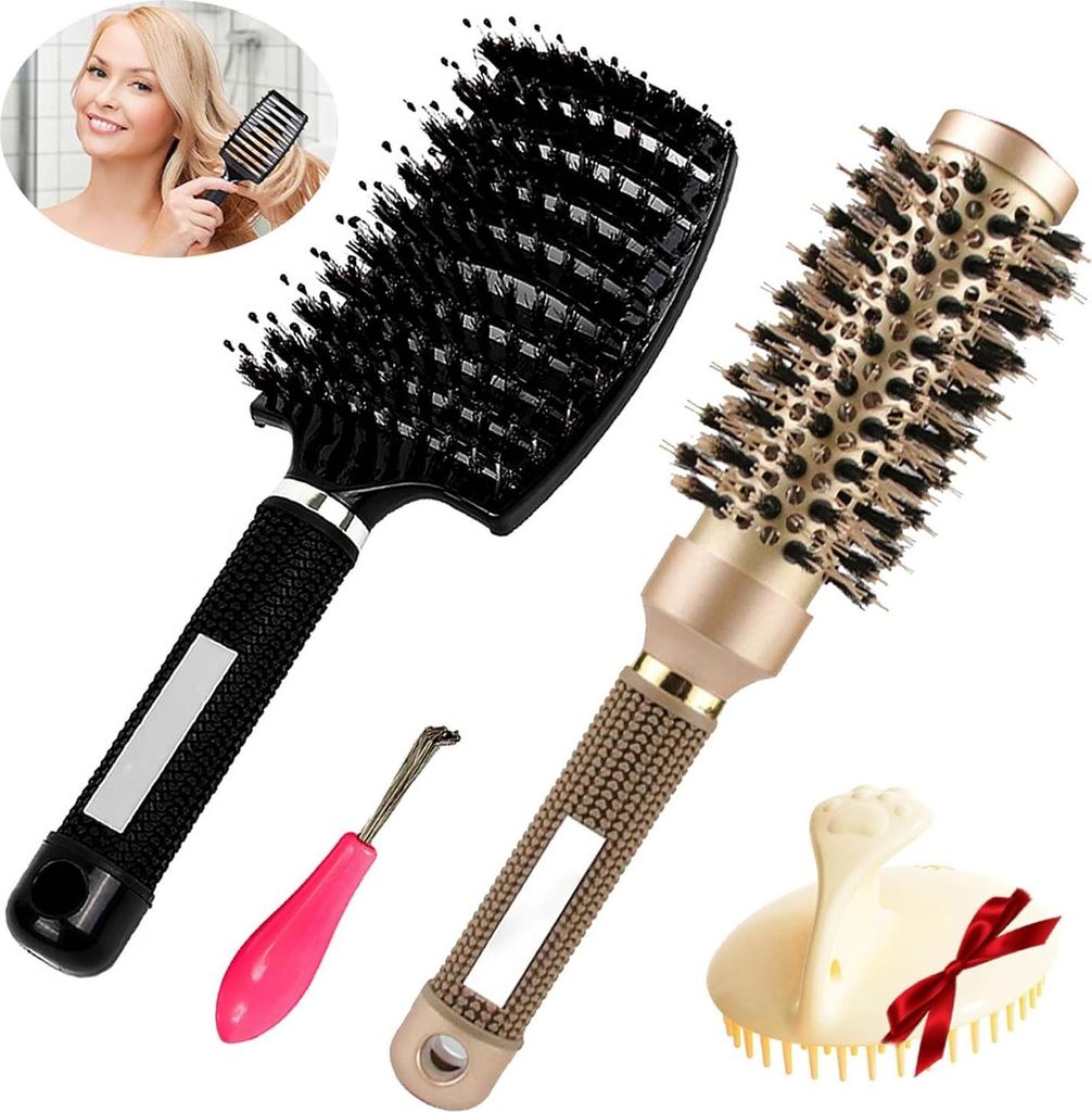 Haarbürste Entwirren Schweinehaar Set - Runde Paddle Shampoobürste Kamreiniger Massage Haarkamm - Verringerung von Haarbruch Frauen Männer