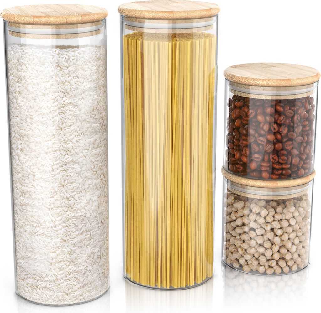 Arendo Vorratsgläser Set mit Bambus Deckel, Glasbehälter 2x 0,785 & 2x 2,2L, Vorratsbehälter, luftdicht, Borosilikatglas, Bambus, Silikon, 4er S...