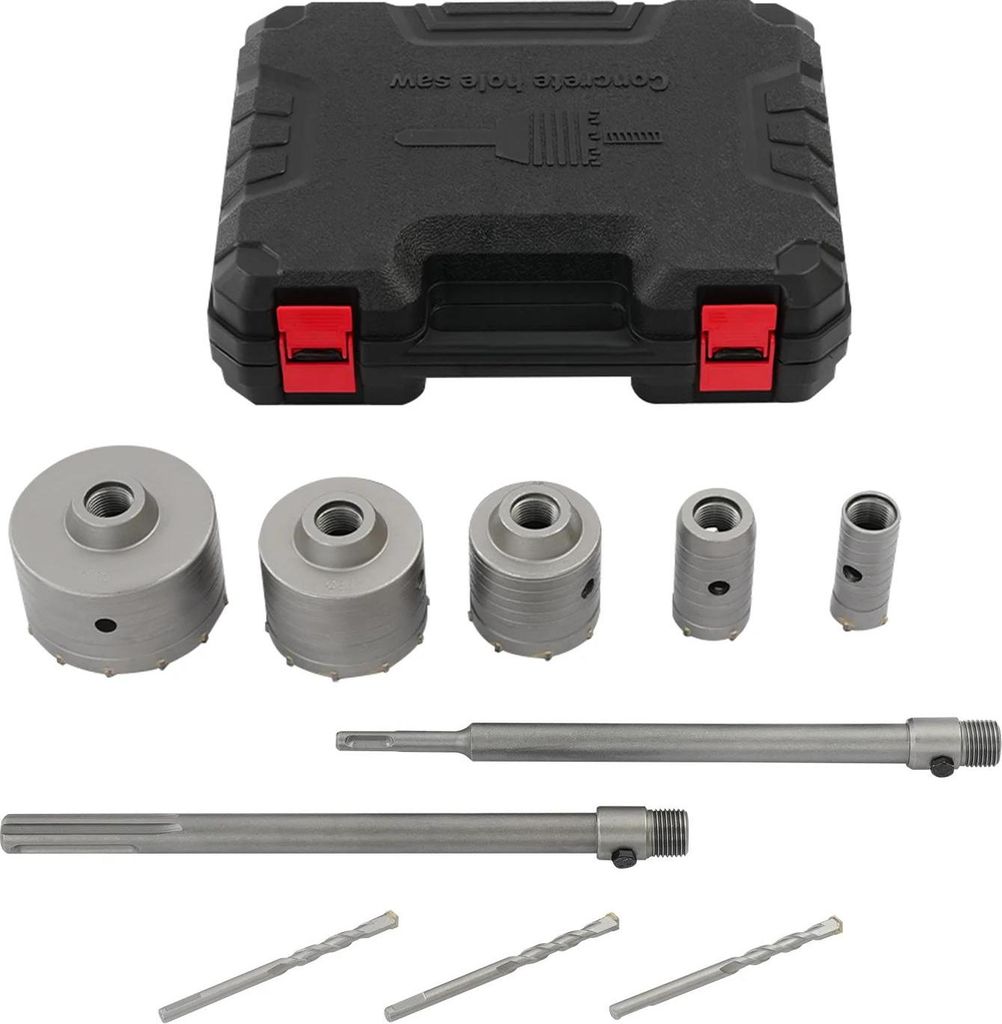 Lochsägen-Set - SDS-Plus Kernbohrer-Set - 9-teilig - Ø 30/40/68/80/100 mm - Für Ziegel, Porenbeton, Betonwände - Schwarz