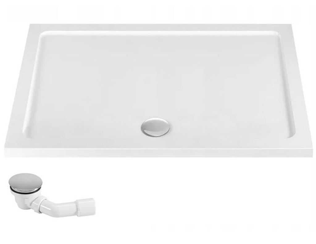 A white shower tray and a separate drain fitting are shown against a white background.