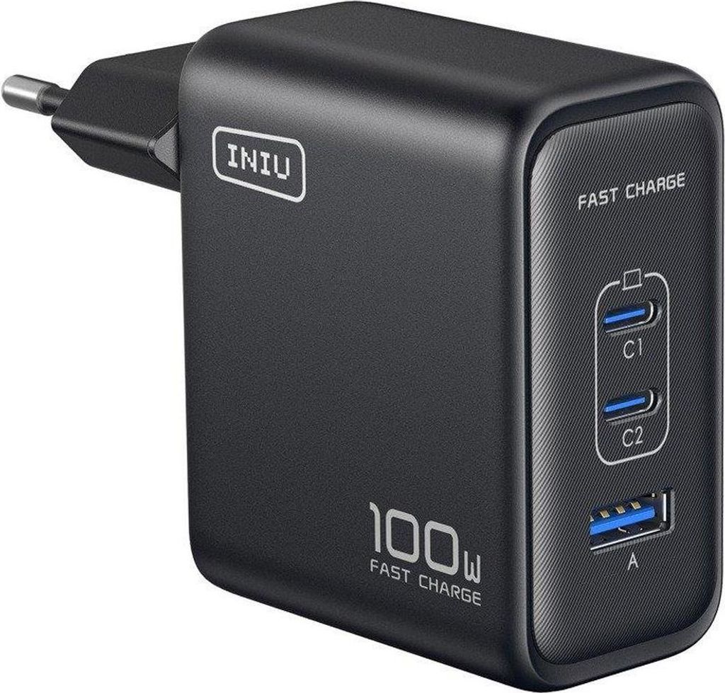 Iniu, 100W GaN Ladegerät 2x USB-C USB-A Klappstecker, Schwarz