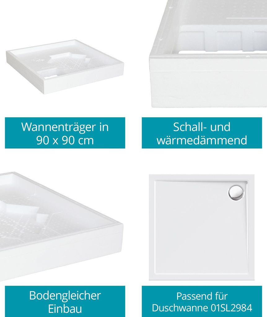 Calmwaters Duschwannenträger 90x90 cm Modern Select, Passend für Quadrat-Duschwanne 90 x 90 x 2,5 cm, Styropor-Wannenträger, Schall- und wärm...