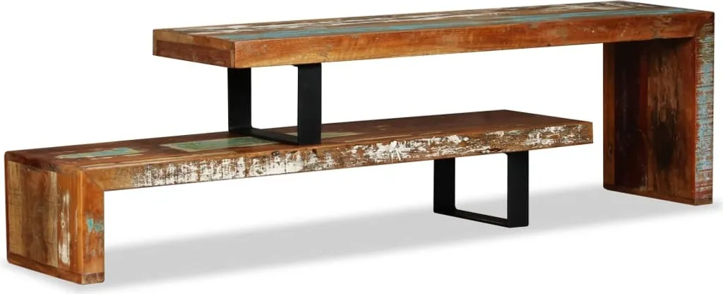 Banc TV en Vieux Bois Massif Style Rustique Chic - Buffet Bas TV 150cm