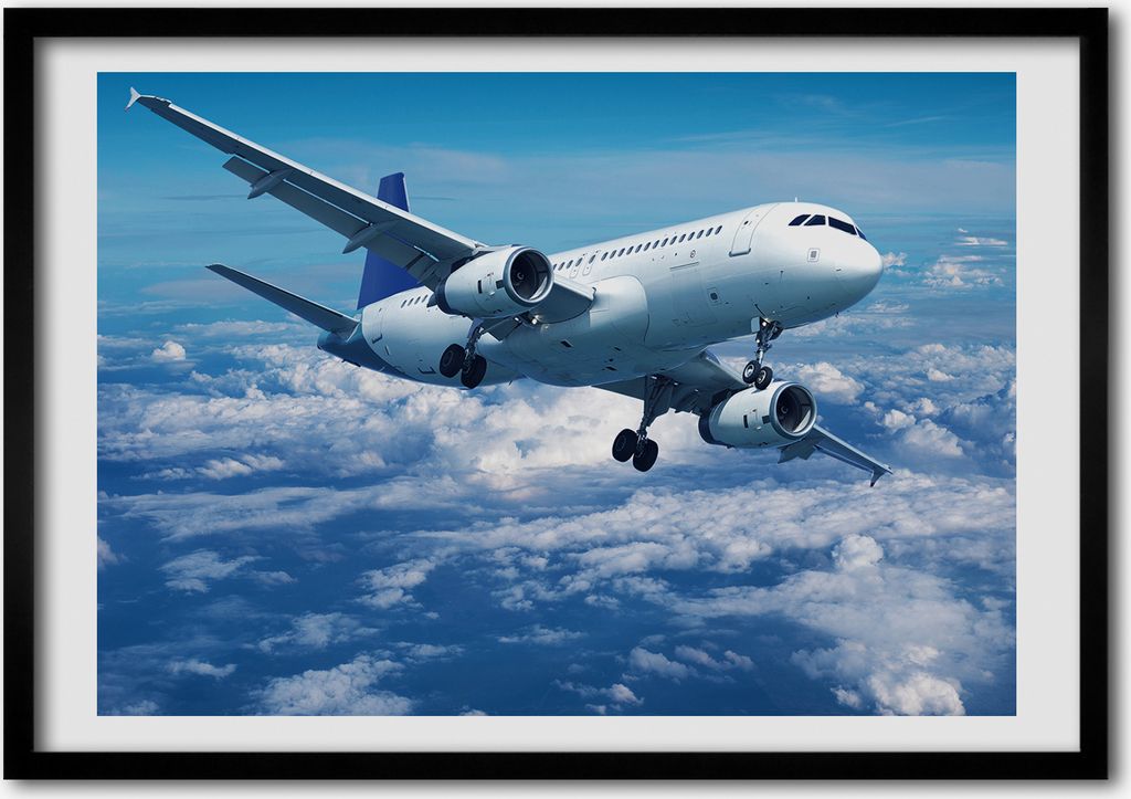 Bild - Bilderrahmen - 100 cm x 70 cm - MDF - Rahmen - Foto - Wandkunst Flugzeug in den Wolken