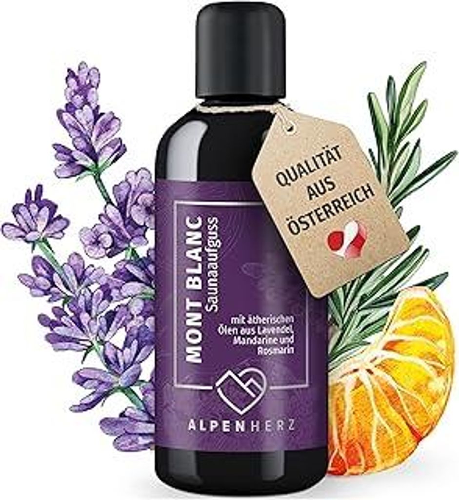 Alpenherz Saunaaufguss - 100% naturrein - 100ml mit ätherische Öle aus Lavendelöl, Mandarine & Rosmarienöl Saunadüfte Aufgussmittel Saunaöl S...