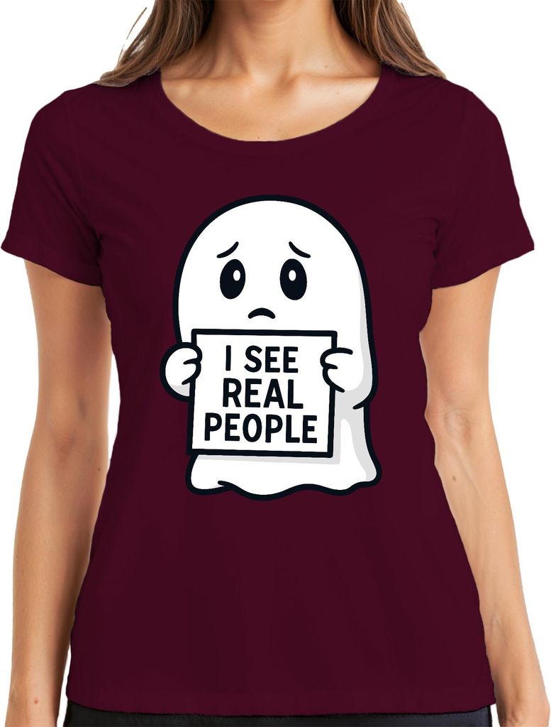 Ich sehe echte Menschen süßer Geist schüchtern Halloween lustig Damen T-Shirt, Burgundy, S