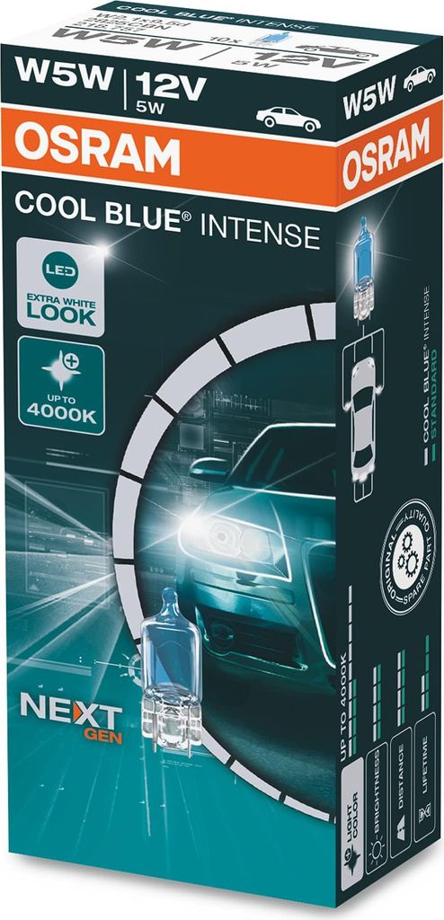 OSRAM COOL BLUE INTENSE W5W, bis zu 4.000K, Halogen-Signallampe, Faltschachtel (10 Lampen)