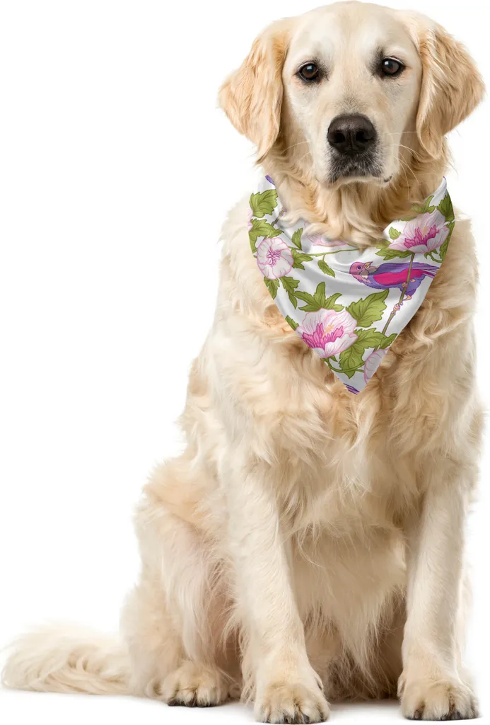 ABAKUHAUS Bandana naturale per animali domestici, uccellino appollaiato su un ramo, 40x40 cm, rosa pallido lavanda