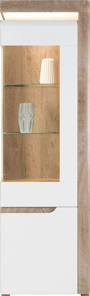 Furniture24 Vitrine Rechts Irma IM7 Wohnzimmerschrank Schrank Vitrinenschrank Highboard 2 Türen Led Beleuchtung Eiche/Weiß Hochglanz