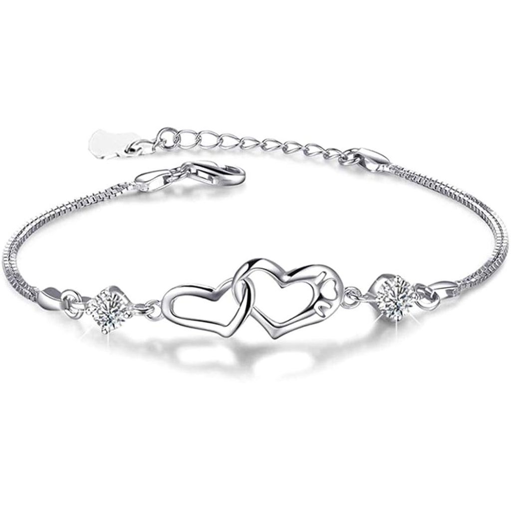 Silberfarbenes Armband mit Doppelherz Anhänger & Zirkonia Steinen, J0770