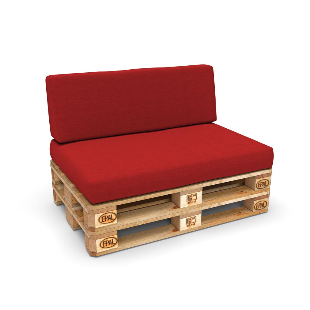 A red pallet sofa with cushions, shown against a white background.