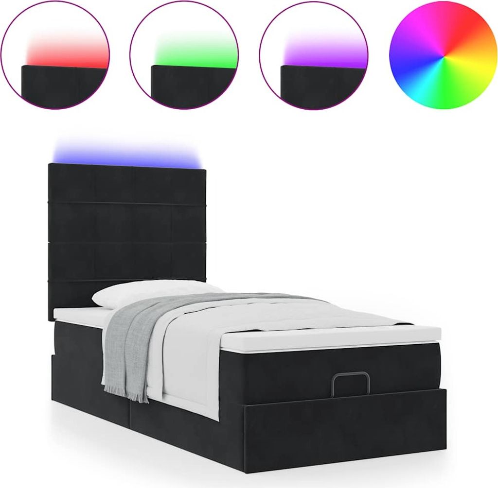 Ottoman-Bett mit Matratzen & LEDs Schwarz 100x200 cm Samt