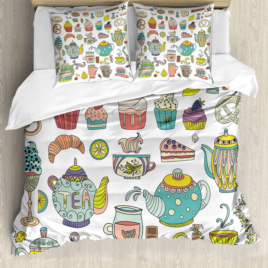 ABAKUHAUS Tee-Party Bettbezug, Kaffee und Dessert, Milbensicher Allergiker geeignet mit Kissenbezügen, 155 cm x 220 cm - 80 x 80 cm, Mehrfarbig