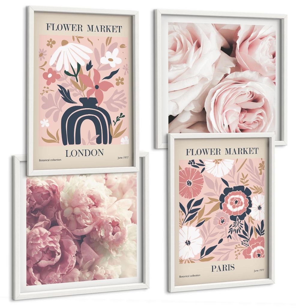 Bilder Set 4-teilig im Goldrahmen Rahmen – Wandbilder 4 Stück – gerahmte Poster für Wohnzimmer, Schlafzimmer und Flur – 50x50 cm - 40x60 cm...