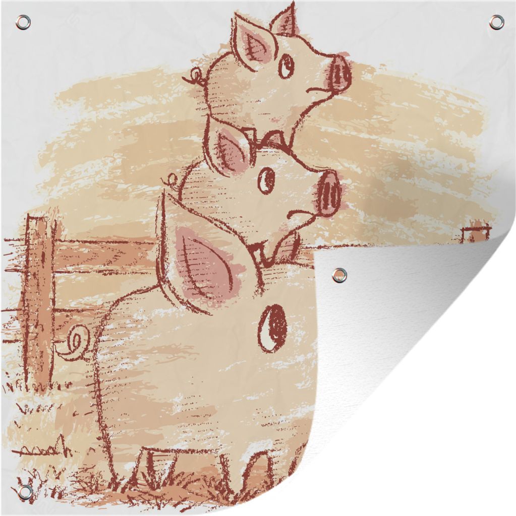 MuchoWow 100x100 cm Outdoor-Poster Gartendeko Sichtschutz Garten Poster für den Garten Eine Illustration eines Schweins mit zwei Ferkeln