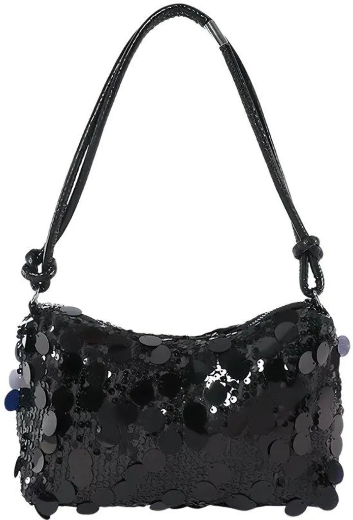 Pochette à paillettes noire femme avec bandoulière et zip grande capacité
