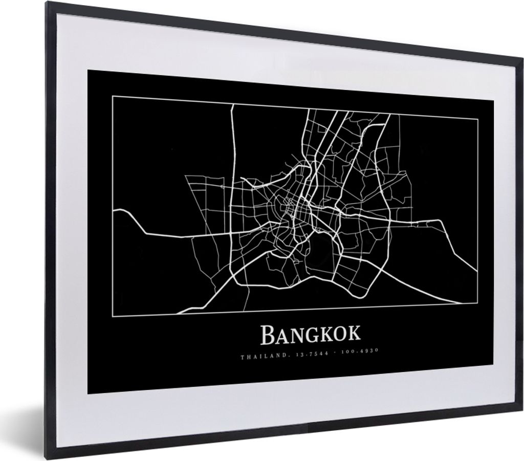 MuchoWow Gerahmtes Poster Bangkok - Karte - Stadtplan 40x30 cm - Poster mit Schwarzem Bilderrahmen Wandposter Rahmen Foto Bilder - Bilderrahmen -...