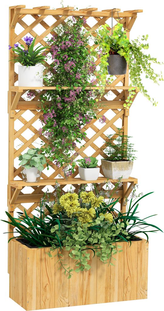 Outsunny Hochbeet mit Spalier, Blumenhochbeet aus Tanneholz, Pflanzbeet mit Rankgitter, Frühbeet mit Regale, Gartenbeet Pflanzkübel Pflanzkasten ...