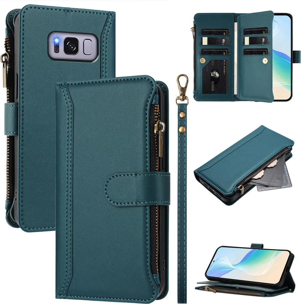 Custodia per Samsung Galaxy S8, con cerniera, portafoglio in Finto cuoio con tasche per carte, supporto e passante verde