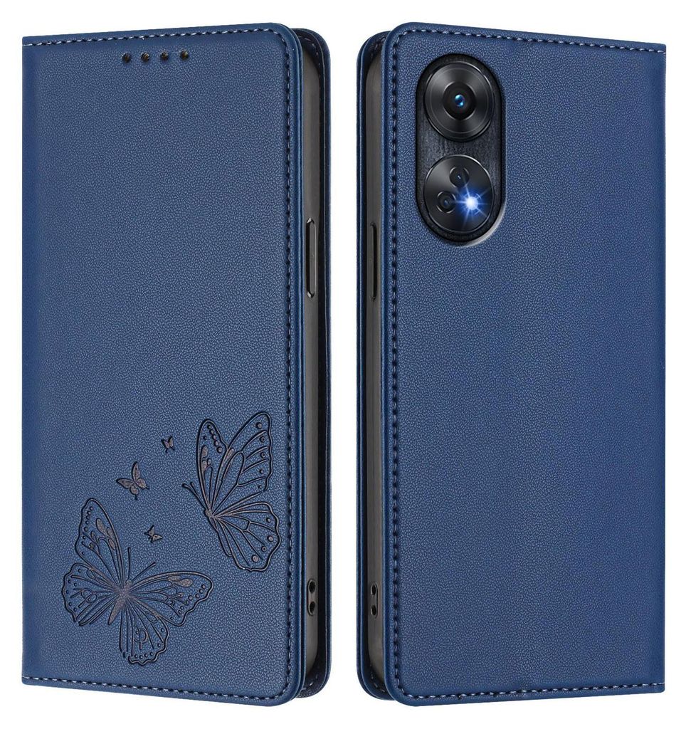 Lederhülle für Oppo Reno8 T 4G, Schmetterling Prägung Leder Brieftasche Schutzhülle mit Ständer Dunkelblau