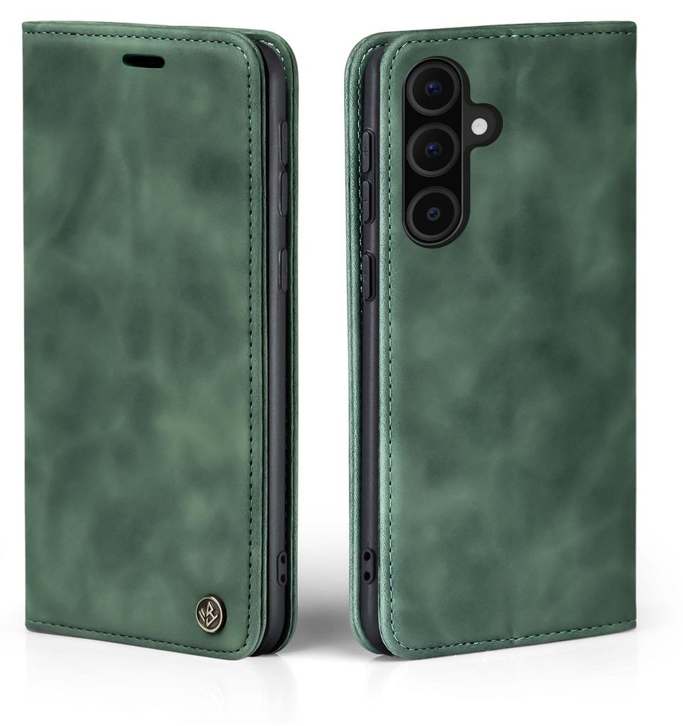 A green flip case for a smartphone is shown from two angles.