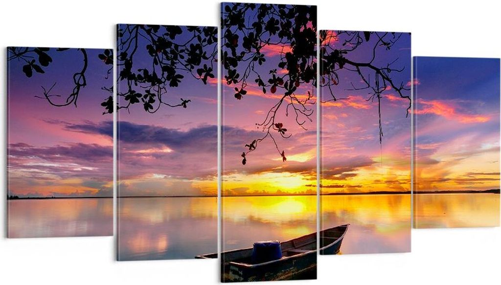 Bild auf Leinwand - Leinwandbild - Boot Sonnenuntergang See Himmel - 160x85cm - Wand Bild - Wanddeko - Leinwanddruck - Bilder - Kunstdruck - Leinwa...