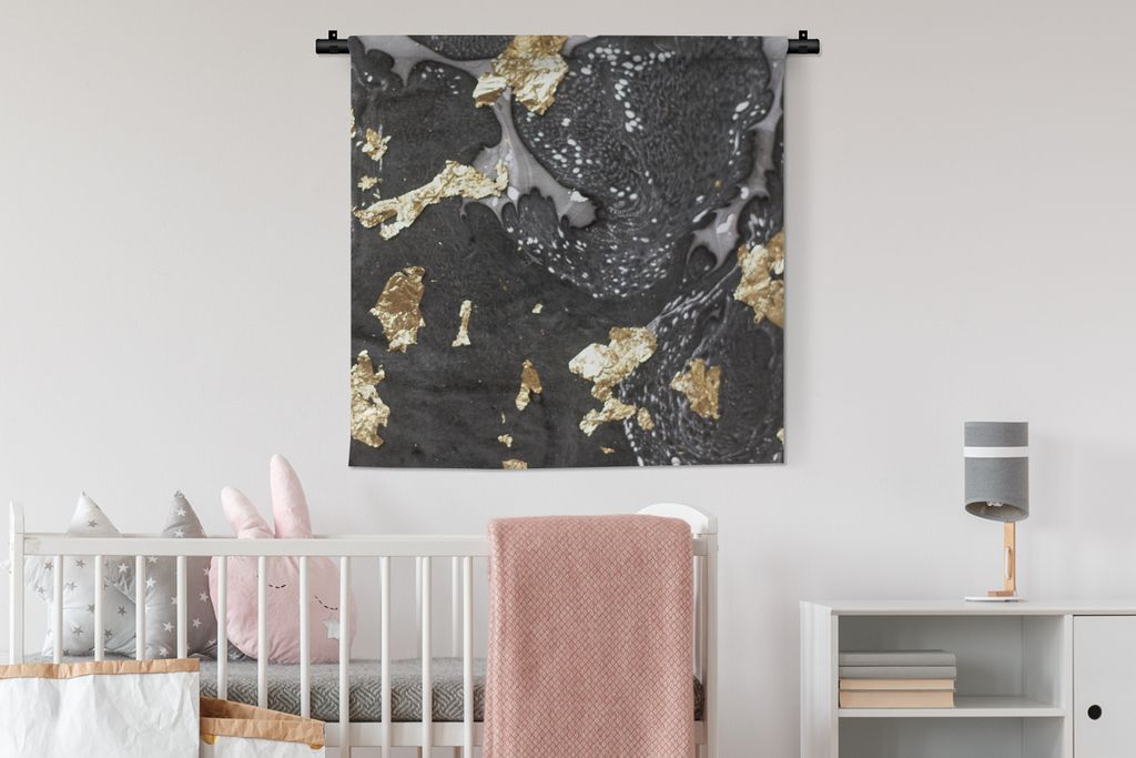 MuchoWow Wandteppich Wandbehang Marmor - Gold - Weiß - Schwarz 90x90 cm Tapisserie Dekoration Wandtuch - Wandaufhänger