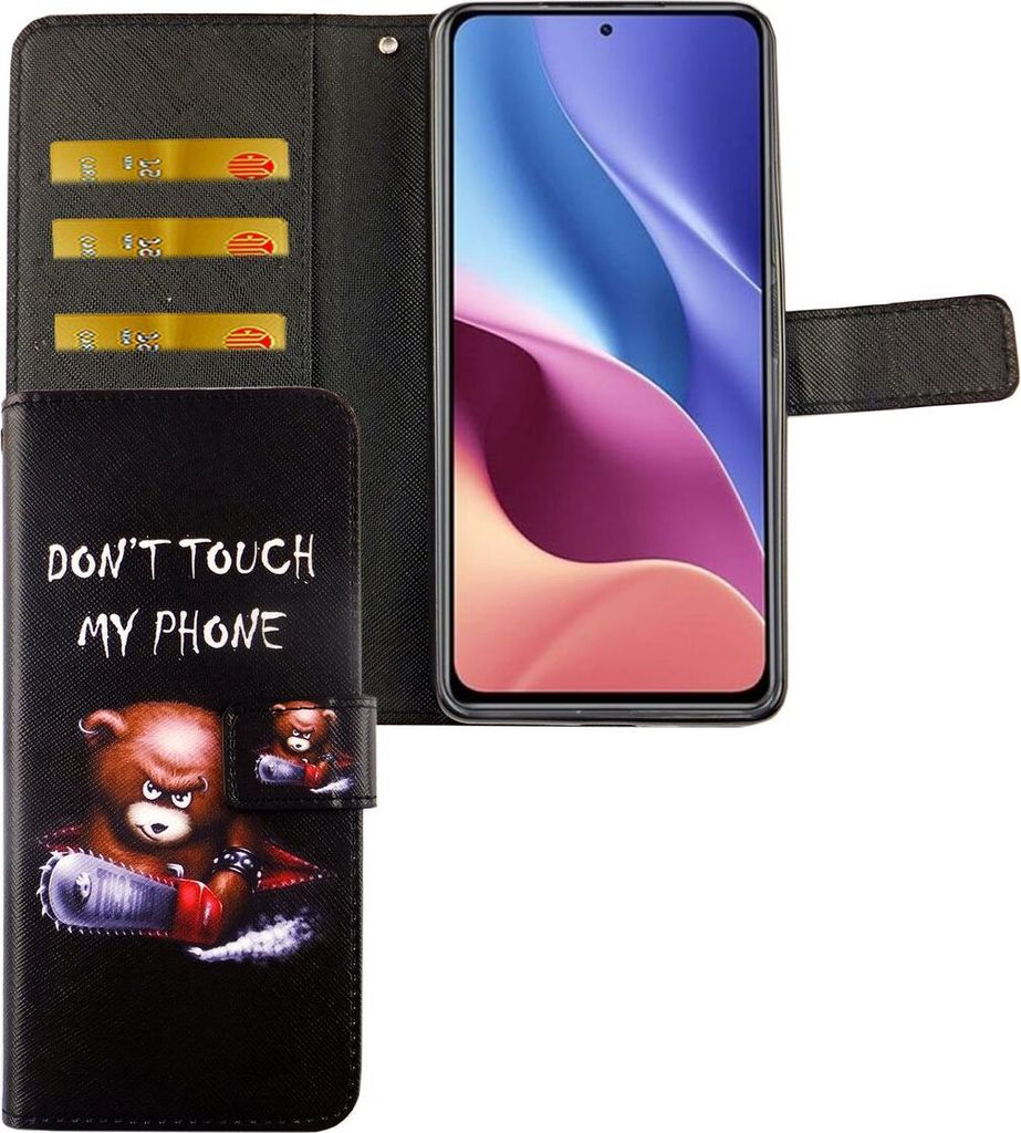 Xiaomi Mi 11i / Poco F3 Tasche Handy Hülle Schutz-Cover Flip-Case mit Kartenfach, Farbe:Dont Touch My Phone Bär