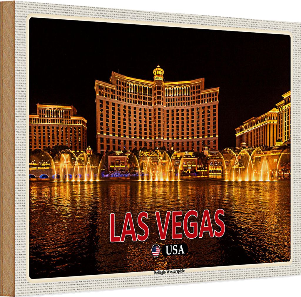 Holzschild Reise 30x20cm Las Vegas USA Bellagio Wasserspiele