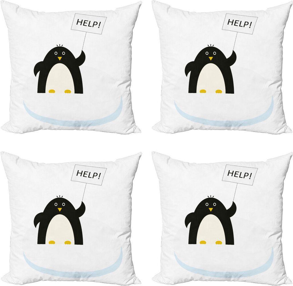 ABAKUHAUS Karikatur Kissenbezug Set (4 Stück), Pinguin auf Eis Need Help, Moderner Doppelseitiger Digitaldruck, 40 cm x 40 cm, Schwarz Weiß und H...