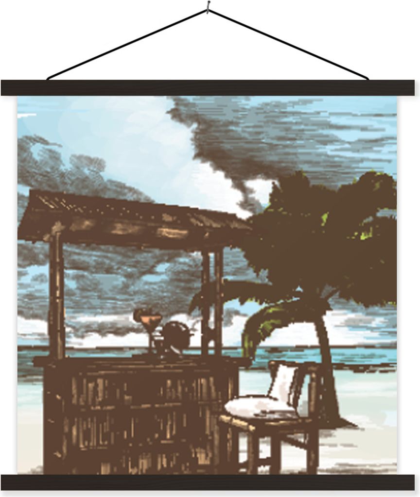 MuchoWow Textilposter Strand - Palme - Hütte 120x120 cm mit schwarzem Rahmen - Aufhängungsset