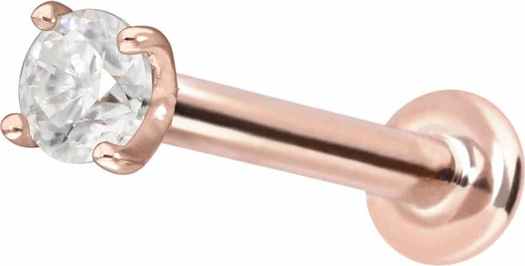 Ohrpiercing, Nasenpiercing 14 Karat Gold Labret mit Push Fit MOISSANIT RoséGold Stablänge: 8mm | Stabstärke: 1mm | Kristallgröße: 2,5mm