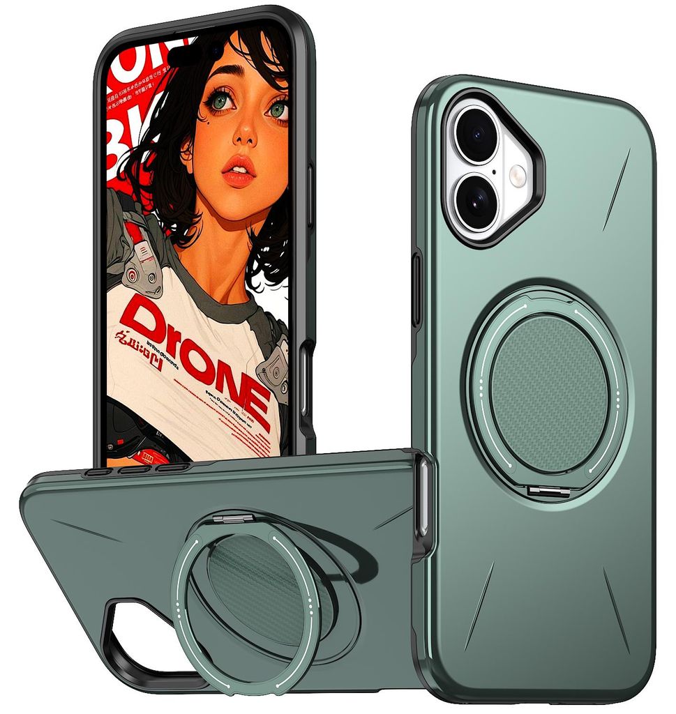 Magnetisch Hülle für iPhone 16 Plus, Stoßfeste Weich TPU und Hard PC Schutzhülle mit Ringhalter Ständer Grün