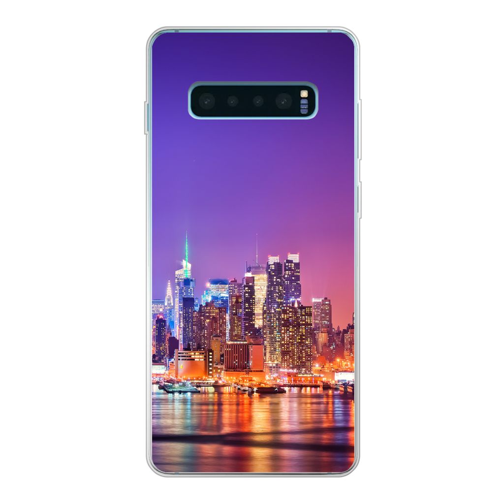 MuchoWow Handyhülle Schutzhülle Hülle für Samsung Galaxy S10 Plus New York - Skyline - Lila Silikon Softcase Handy Hülle - Schutzhülle