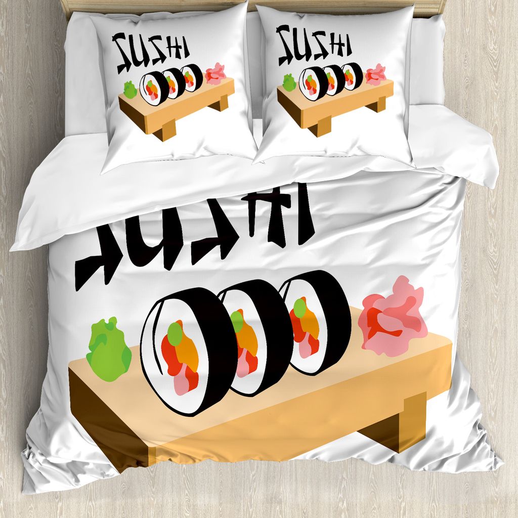 ABAKUHAUS Wasabi Bettbezug Set für Einzelbetten, Sushi Holz Folk Speisen Teller, Milbensicher Allergiker geeignet mit Kissenbezug, 200 cm x 200 cm...