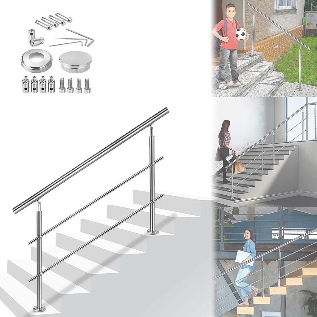 ACXIN Handlauf Geländer Treppengeländer Ø 42 mm Geländerstäben aus Edelstahl Terrassengeländer Bodenmontage Bausatz Treppen (100cm, 2 Querstr...