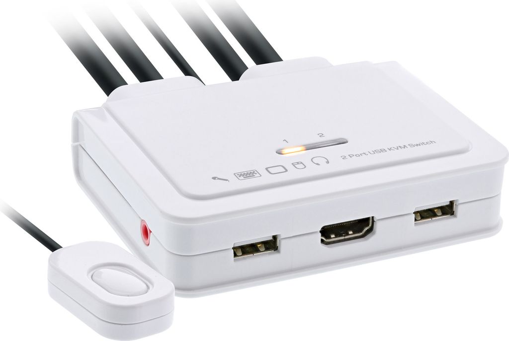 InLine KVM Switch, 2-fach, HDMI, 4K, USB, mit Audio, integr. Kabel