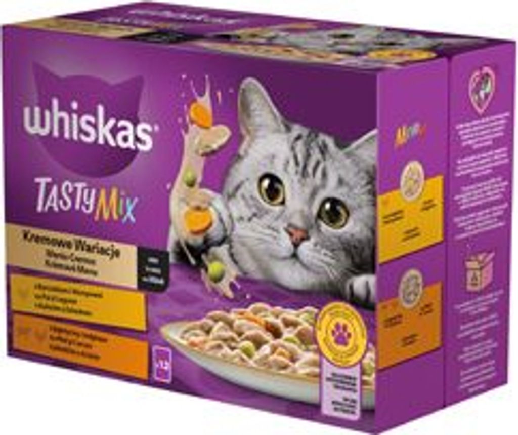 A box of Whiskas cat food with a cat illustration.